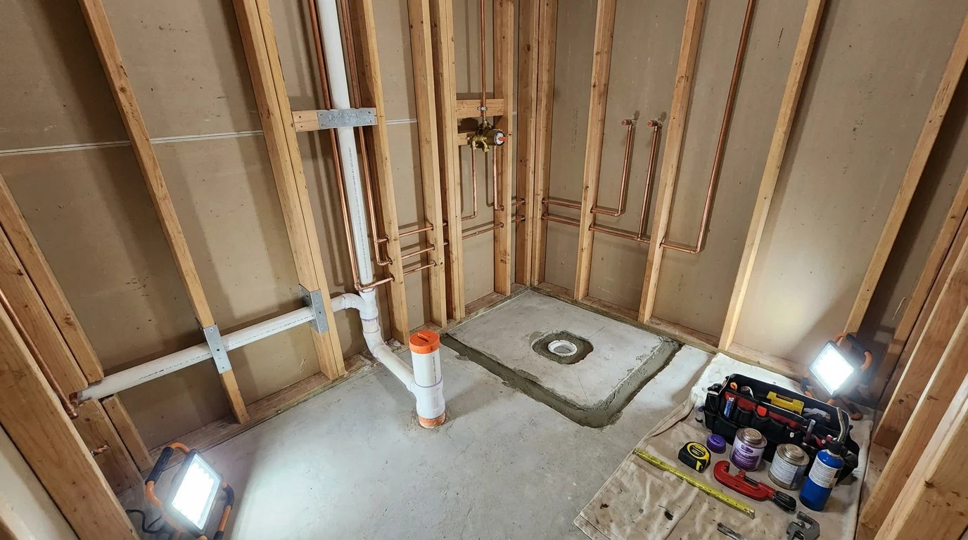 Bathroom rough-in plumbing during remodel by Johns Plumbing LLC in Weedsport