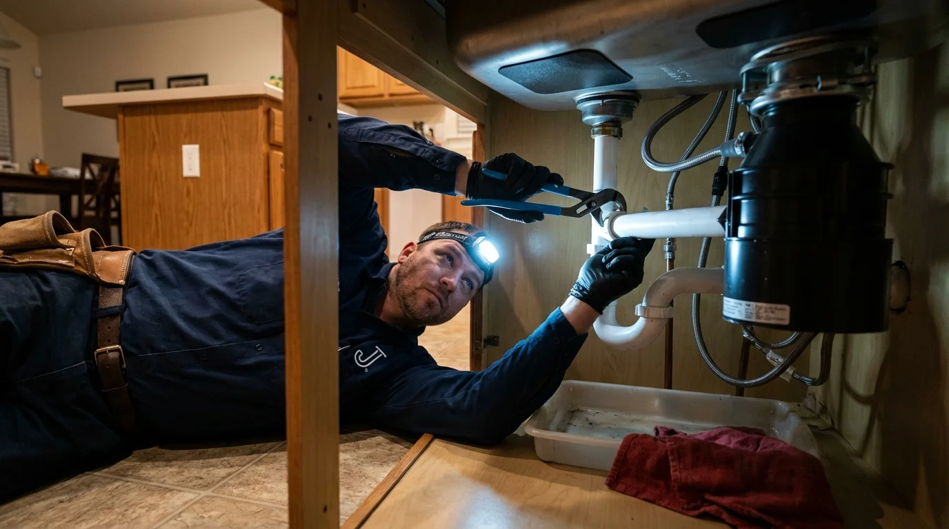 P-trap and supply line connections under a kitchen sink showing a common leak point in Weedsport, NY